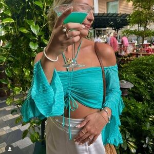 Zara Turquoise Off The Shoulder Flowy Crop Top